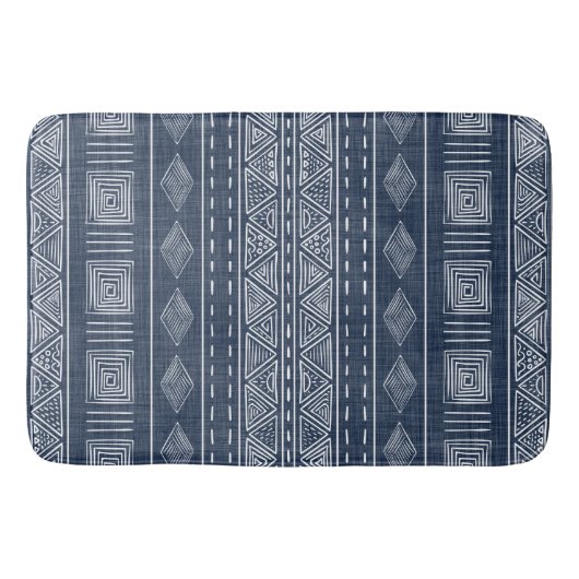 Mudcloth Style Navy Blue und White Tribal Muster Badematte (Vorderseite)