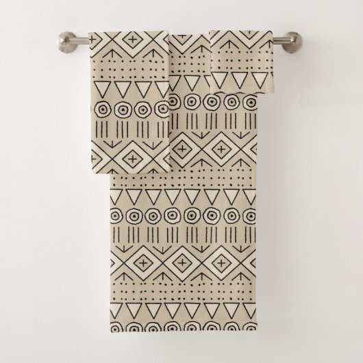 Mudcloth Tribal Muster, Creme, Beige, Schwarz Badhandtuch Set (Insitu)