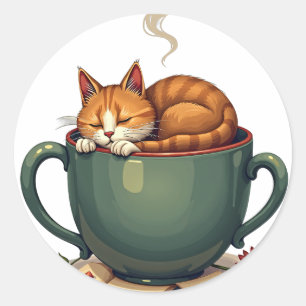 Müde Katze Kaffe Junkie Morgenroutine Retro Aufkle Runder Aufkleber