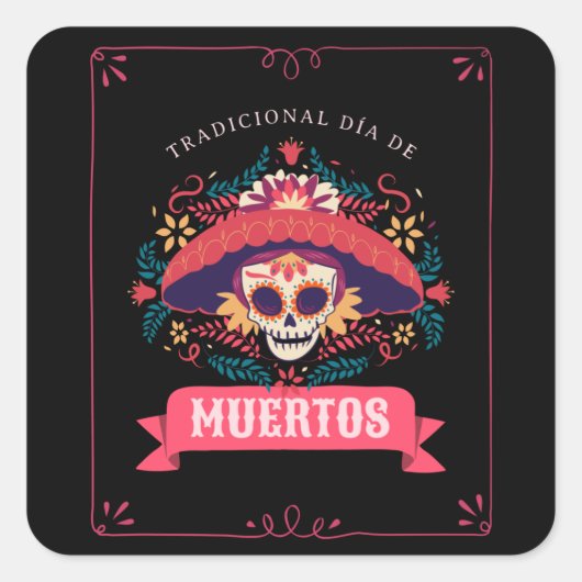 Muertos Skull Day of the Dead Quadratischer Aufkleber (Vorderseite)