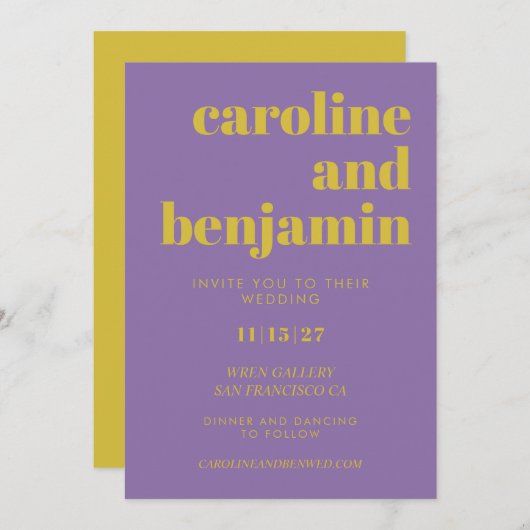 muffiger, heller Lila und gelber moderner Heiratsi Einladung (Vorne/Hinten)