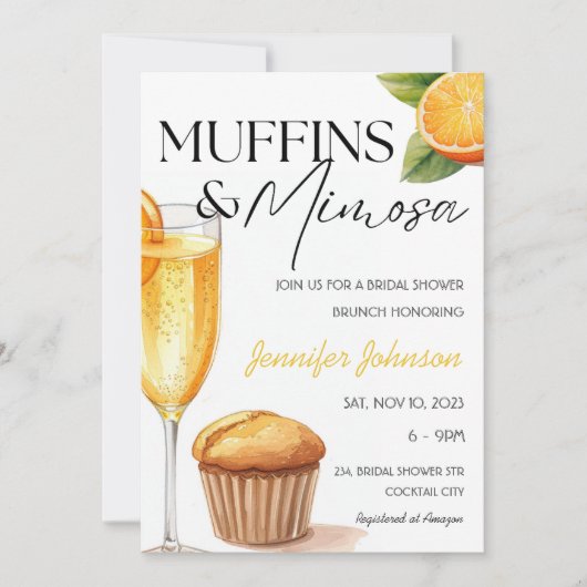 Muffins & Mimosa Orange Brautparty Brunch Einladung (Vorderseite)