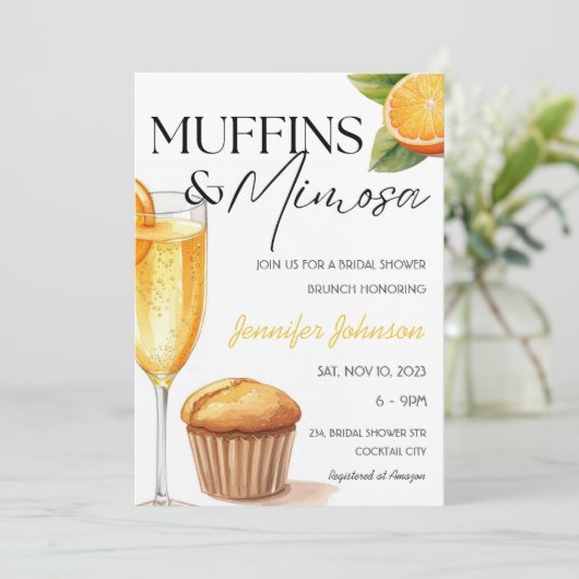 Muffins & Mimosa Orange Brautparty Brunch Einladung (Stehend Vorderseite)