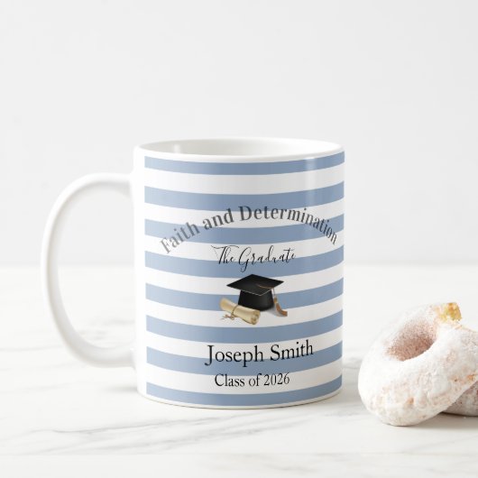 Mug Blue & White Stripe Graduate 2026  Kaffeetasse (Mit Donut)