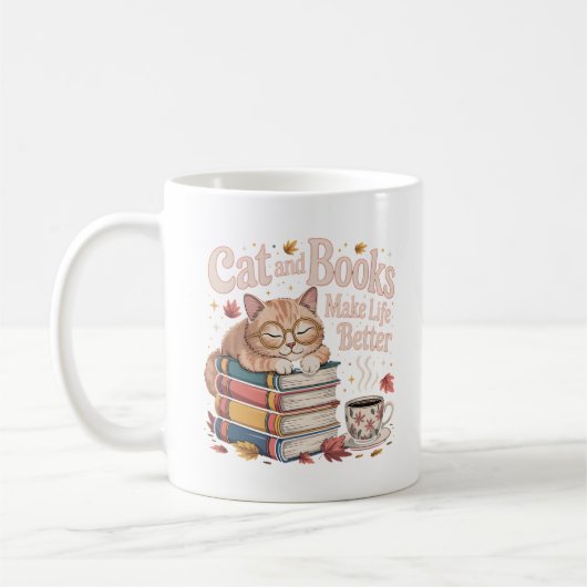 Mug Cozy Katze liest Bücher Herbstdesign Kaffeetasse (Links)