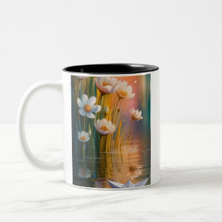 Mug Dreamy Paper Boat & White Flowers at Sunset – Zweifarbige Tasse