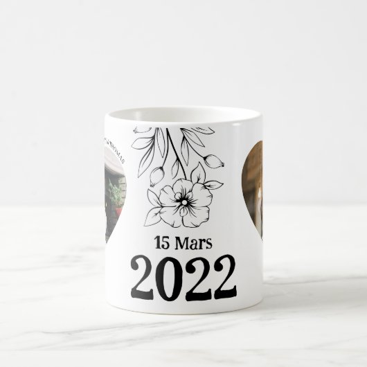 Mug mit 2 herzförmigen Fotos, Datum, Vornamen Kaffeetasse (Mittel)