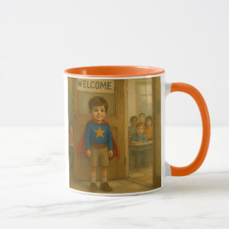 Mug mit einem jungen Mann, der als Held verkleidet Tasse