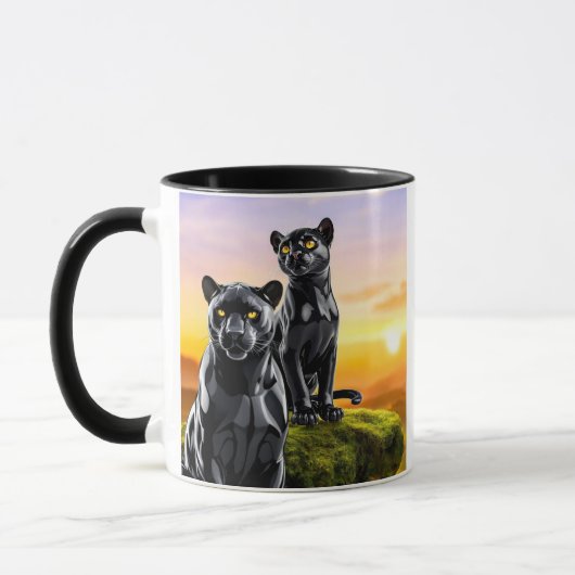 Mug mit zwei schwarzen Panthern zur Beobachtung. Tasse (Links)