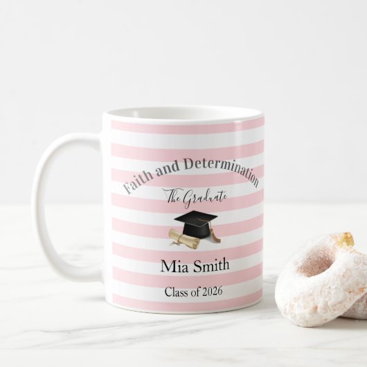 Mug Pink & White Stripe Graduate 2026  Kaffeetasse (Mit Donut)