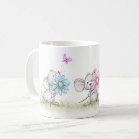 Mug with three Mice Holding pretty flowers Kaffeetasse (Vorderseite Links)