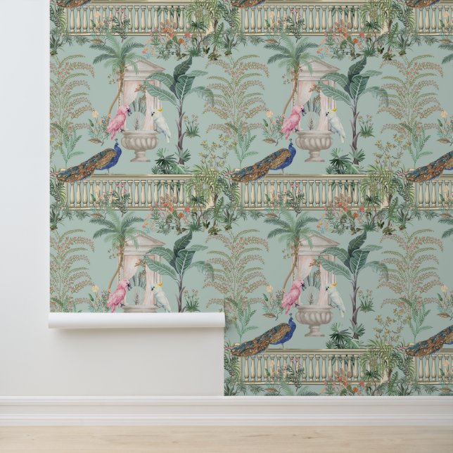 Mughal Garden Parrot Peacock Tropenwald Tapete (Anwendung)