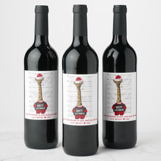 Mugshot Guilty Funny Giraffe Weihnachten Weinetikett (Flaschen)