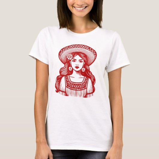 Mujer Mexicana Minimal Red Line Art T-Shirt (Vorderseite)
