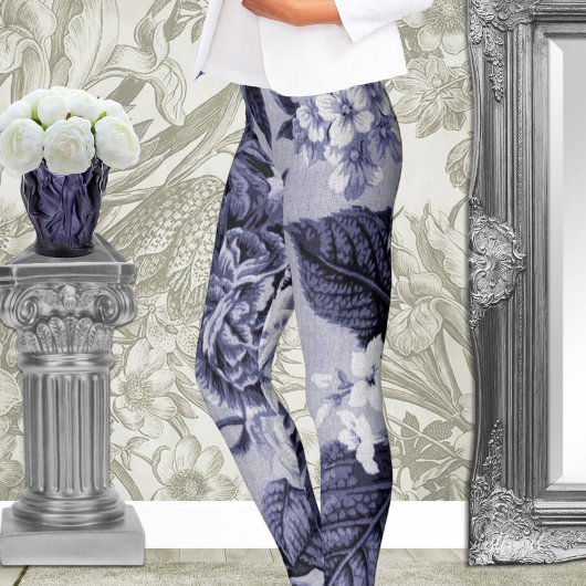 Mulberry Blue Lila Botanical Floral Toile No.1 Leggings