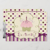 Mulberry Dot Cupcake erster Geburtstag Einladung (Vorne/Hinten)