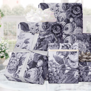 Mulberry Tone Black & White Vintag Floral Toile Geschenkpapier