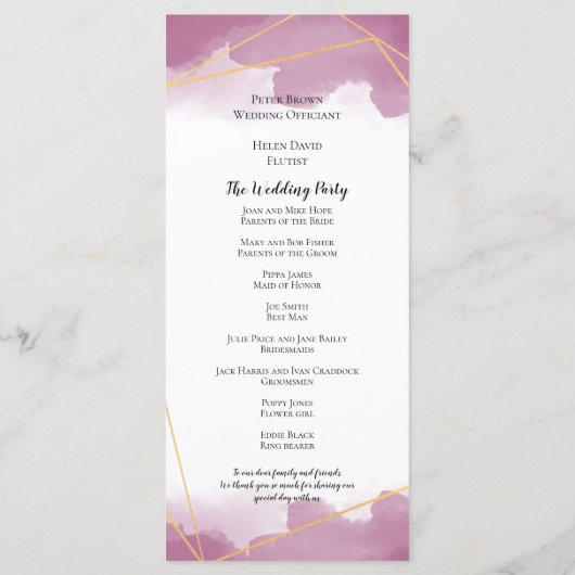 Mulberry Watercolor Goldene Linien Hochzeit Programm (Rückseite)