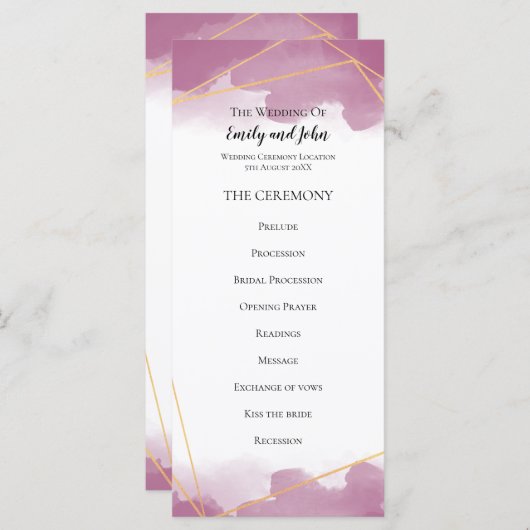 Mulberry Watercolor Goldene Linien Hochzeit Programm (Vorne/Hinten)