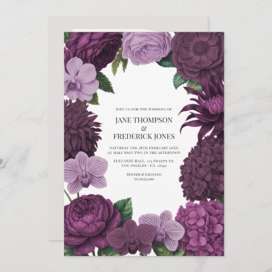 Mulberry Wine, Deep Fig & Dusty Lavender Wedding Einladung (Vorne/Hinten)