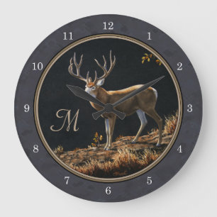 Mule Deer Buck Charcoal Gray Monogram Große Wanduhr