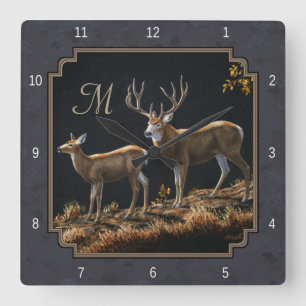 Mule Deer Buck Charcoal Gray Monogram Quadratische Wanduhr