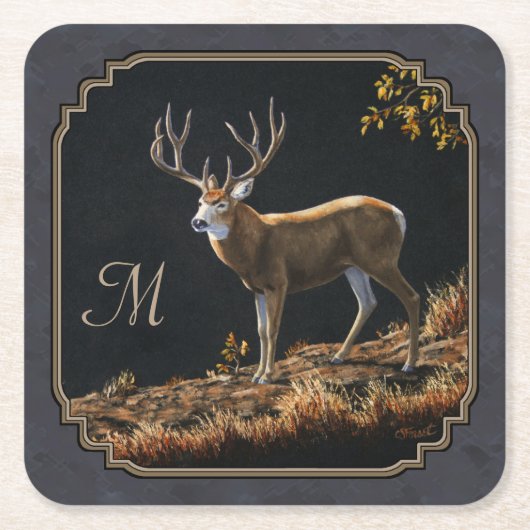 Mule Deer Buck Charcoal Gray Monogram Rechteckiger Pappuntersetzer (Vorderseite)