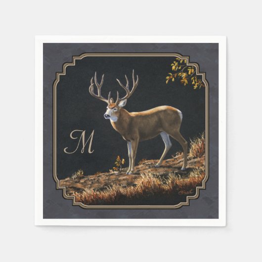Mule Deer Buck Charcoal Gray Monogram Serviette (Vorderseite)