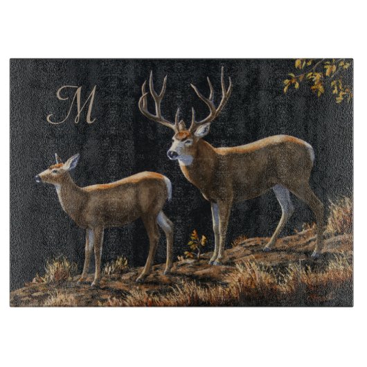 Mule Deer Buck & Doe Monogram Schneidebrett (Vorderseite)