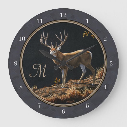 Mule-Hirsch-Kohlengraut-Monogramm Große Wanduhr (Vorderseite)