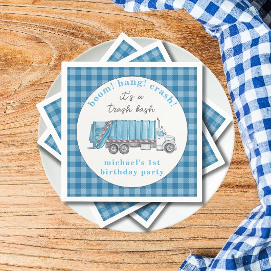 Müll Müllwagen Blau Gingham 1. Geburtstag Serviette