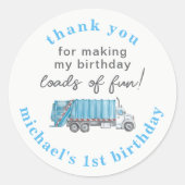 Müll Müllwagen Junge 1. Geburtstag Danke Runder Aufkleber (Vorderseite)