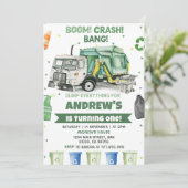 Müllwagen 1. Geburtstag Party Einladung (Stehend Vorderseite)