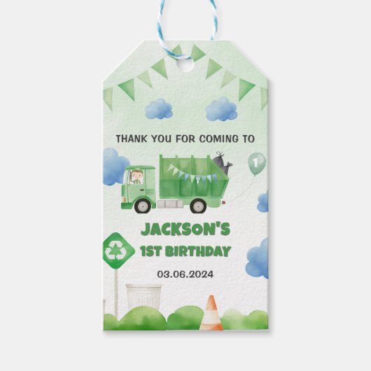 Müllwagen 1. Geburtstag Party Geschenkanhänger (Vorderseite)