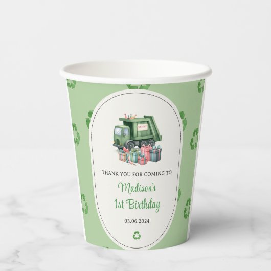 Müllwagen 1. Geburtstag Party Pappbecher (Rückseite)