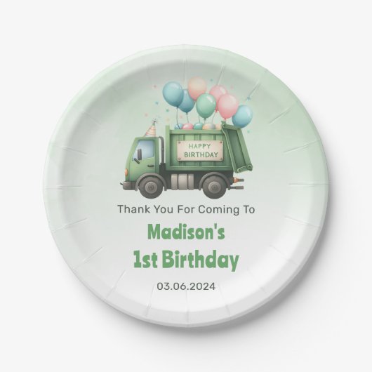 Müllwagen 1. Geburtstag Party Pappteller (Vorderseite)