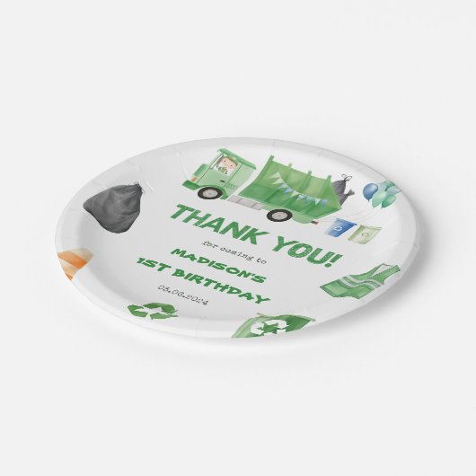 Müllwagen 1. Geburtstag Party Pappteller (Schrägansicht)