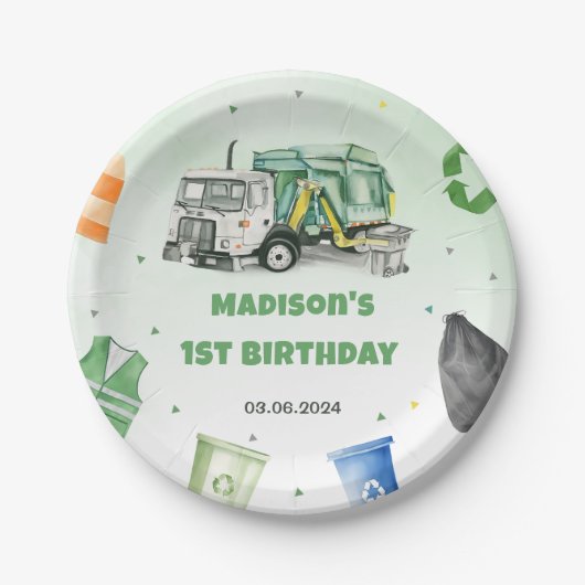 Müllwagen 1. Geburtstag Party Pappteller (Vorderseite)