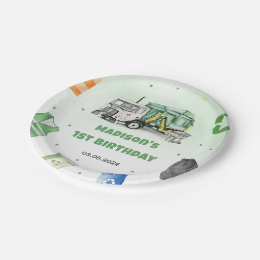 Müllwagen 1. Geburtstag Party Pappteller (Schrägansicht)