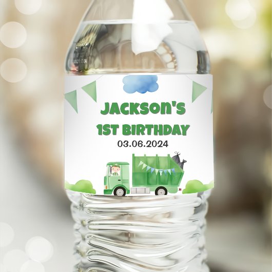Müllwagen 1. Geburtstag Party Wasserflaschenetikett
