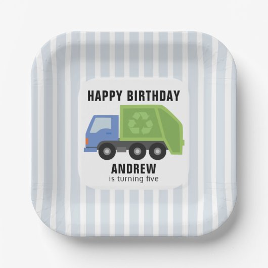 Müllwagen Geburtstag Papier Teller blau grün (Vorderseite)