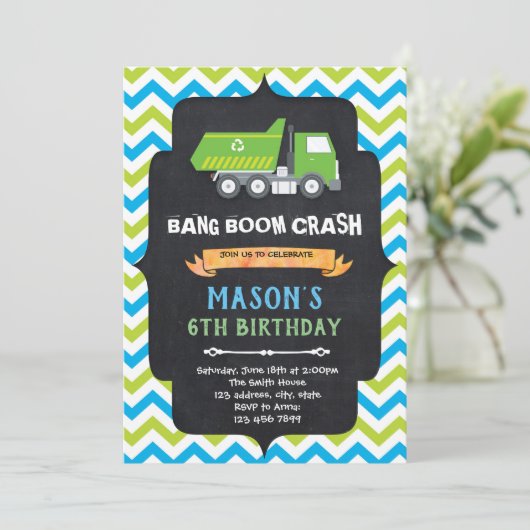 Müllwagen Geburtstagsfeier Einladung (Stehend Vorderseite)