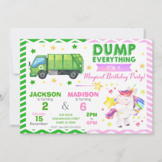 Müllwagen und Einhorn gemeinsamer Geburtstag Einladung