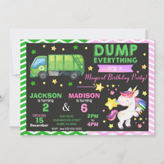 Müllwagen und Einhorn gemeinsamer Geburtstag Einladung