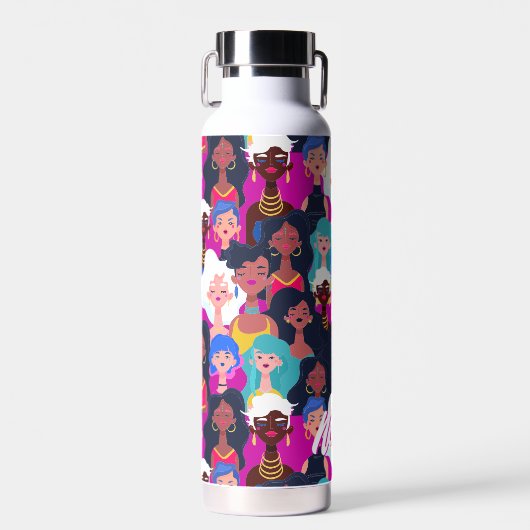 Multi-Cultural Women's Faces Pattern, Ihr Name Trinkflasche (Vorne)