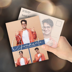 Multi Foto Blue Abschluss Save the Date Postkarte