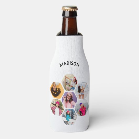 Multi-Foto Collage Moderner Personalisierter Name Flaschenkühler (Flaschenvorderseite)