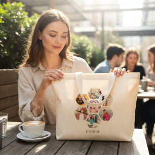 Multi-Foto Collage Moderner Personalisierter Name Jumbo Stoffbeutel