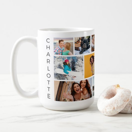 Multi-Foto Collage Moderner Personalisierter Name Kaffeetasse (Mit Donut)