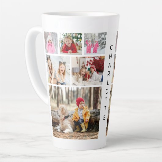 Multi-Foto Collage Moderner Personalisierter Name Milchtasse (Linke Ecke)